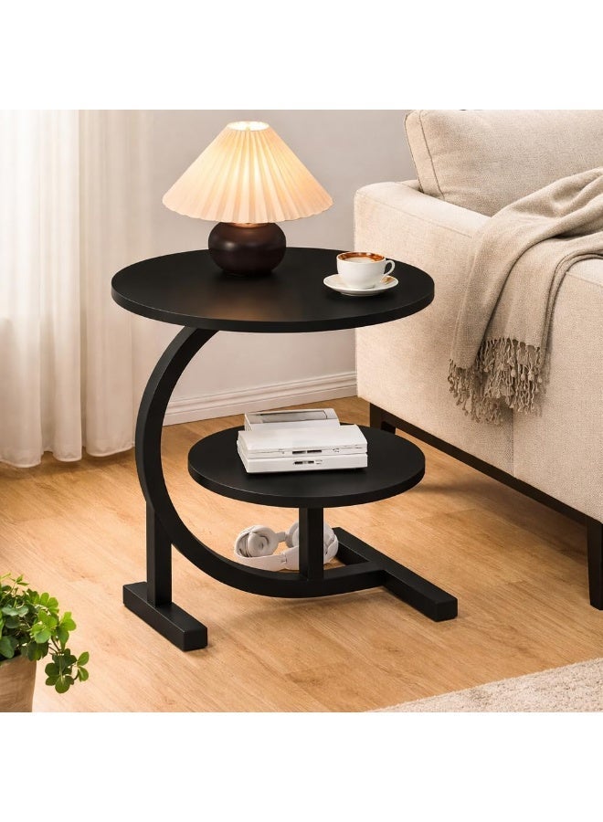 طاولة جانبية للاريكة بتصميم عصري مزدوج الطبقات وهيكل ثابت صغير الحجم موفر للمساحة لغرفة المعيشة وغرفة النوم والاريكة مصنوعة من مواد متينة وسهلة الحركة (اسود) - Image 1